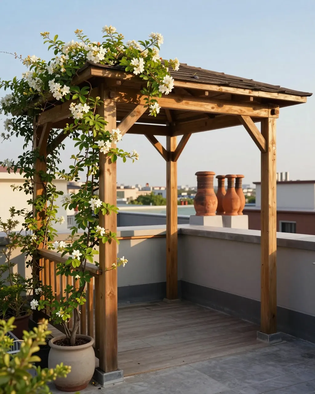 Wooden rooftop gazebo draped in white flowering jasmine beside terracotta chimney pots at warm golden hour