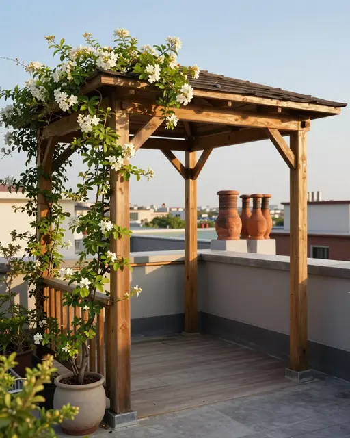 Wooden rooftop gazebo draped in white flowering jasmine beside terracotta chimney pots at warm golden hour