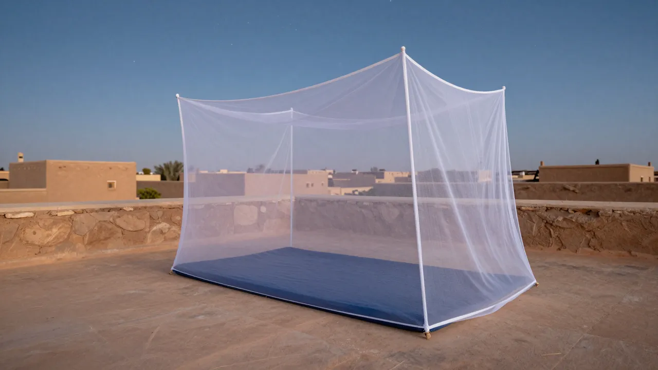 A sleeping mat under a freestanding mosquito net sits on a flat desert village rooftop under a twilight sky