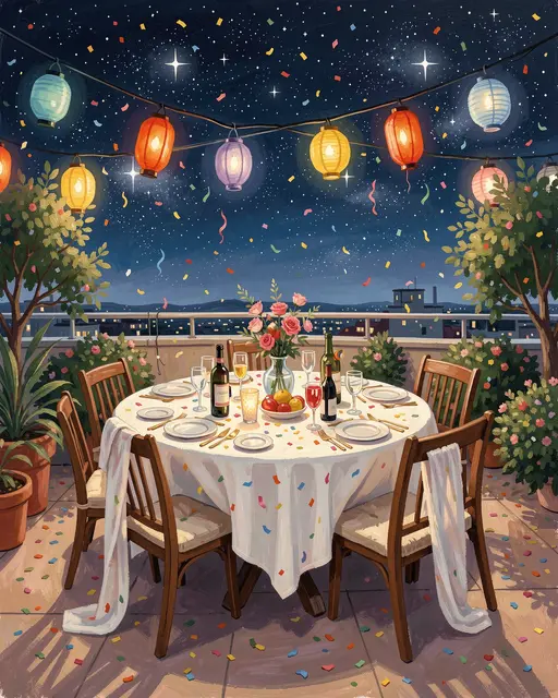 Gouache illustration of a set party table under glowing lanterns and confetti on a starry rooftop terrace at night