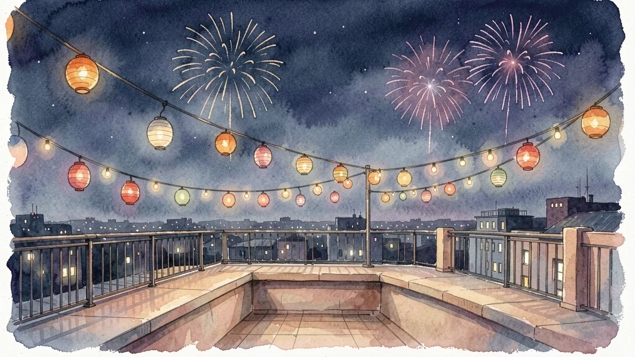 Watercolor illustration of a lit rooftop terrace with string lanterns and distant fireworks over a city skyline at night