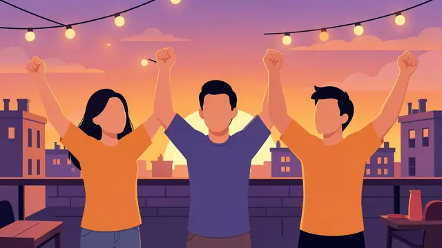 Three faceless friends cheer with raised fists at a rooftop party during orange and purple sunset