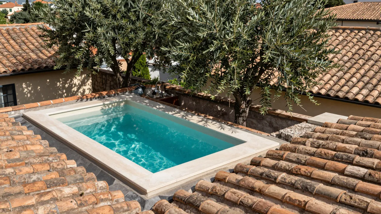 Sunlit rooftop terrace with a small turquoise plunge pool surrounded by terracotta tiled roofs and olive trees