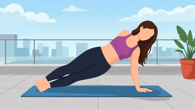 Faceless woman holds a side plank pose on a yoga mat atop a city rooftop terrace