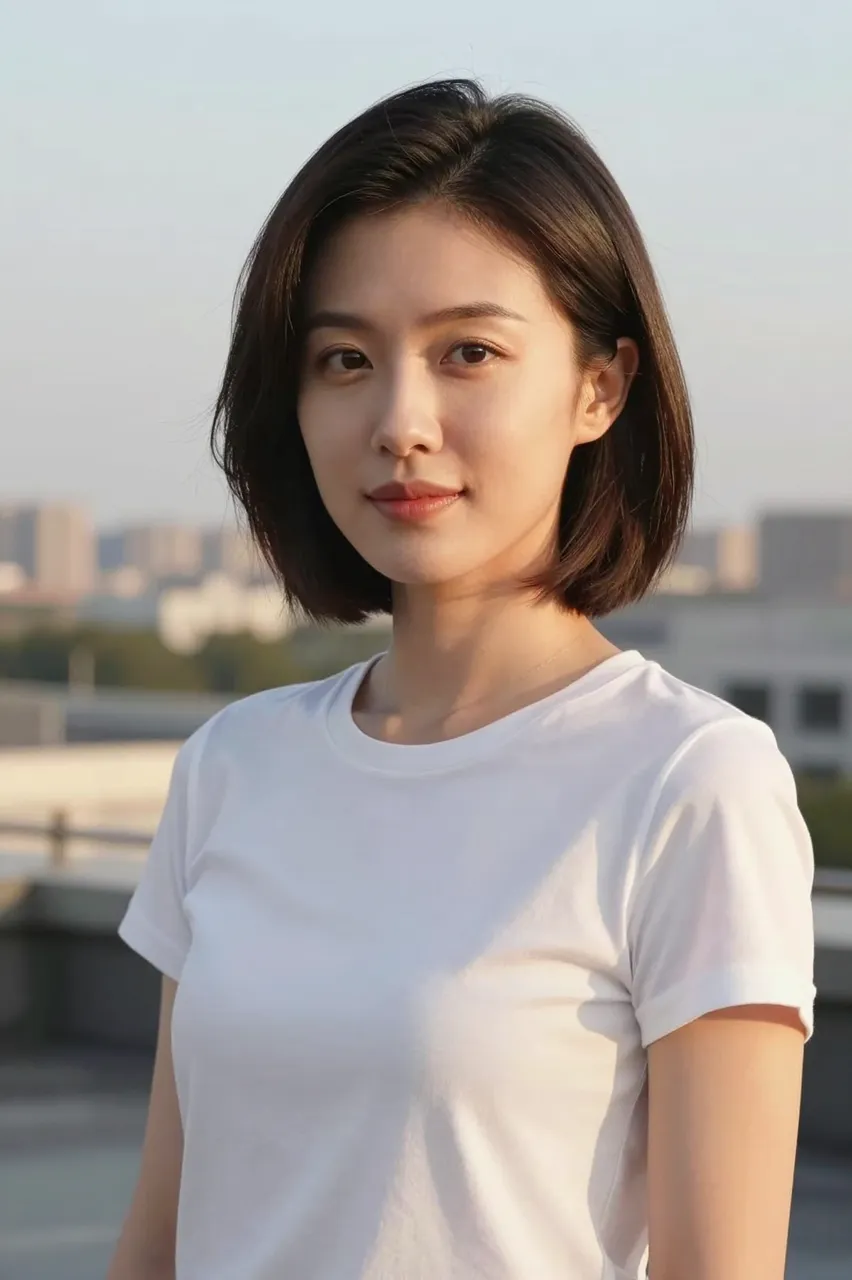 Young East Asian woman with a bob haircut stands on a rooftop in warm golden sunset light looking at the camera