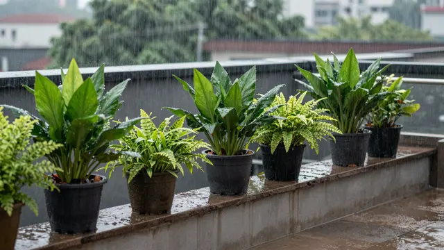 Glossy potted plants sit on a wet rooftop ledge during heavy falling rain