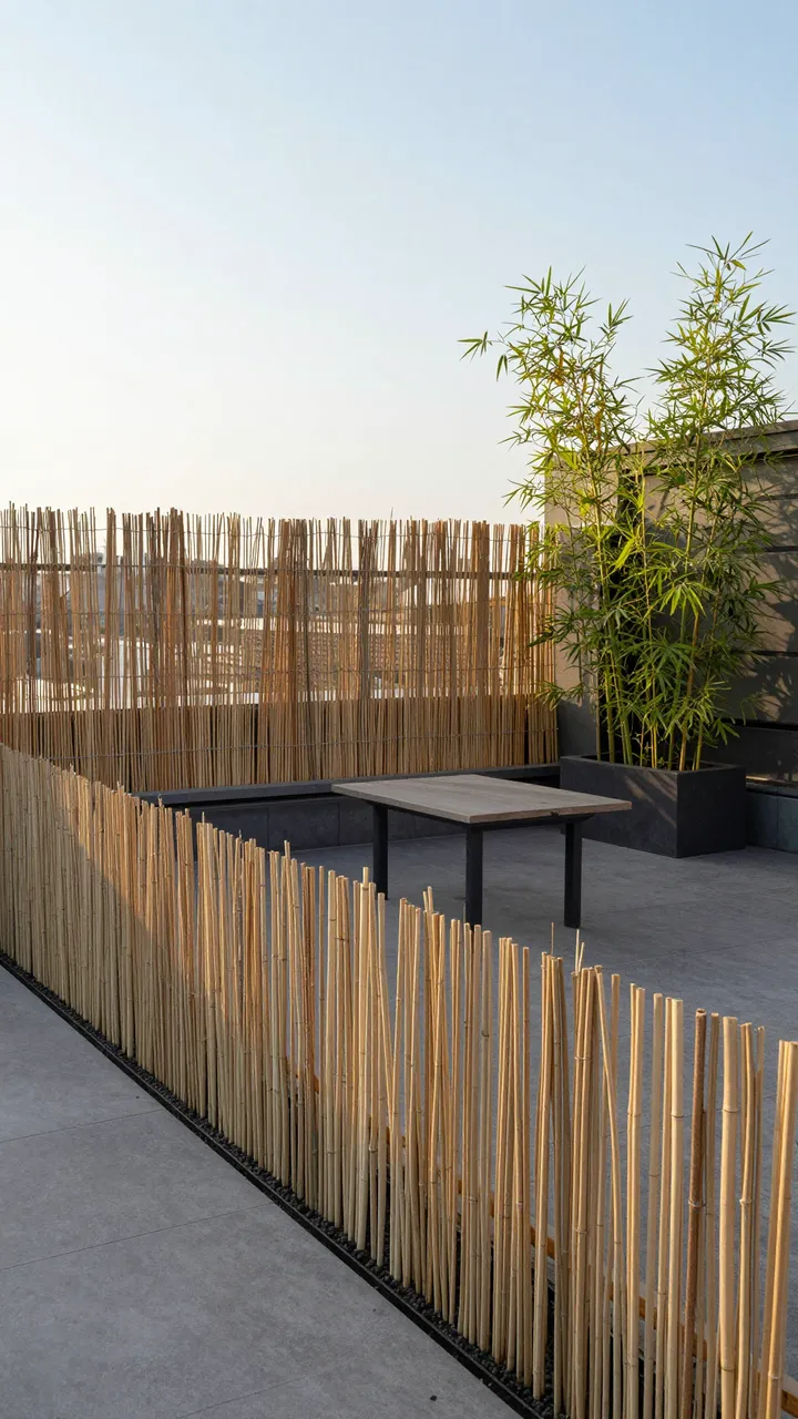 Sunlit rooftop terrace with reed fencing, a low table and potted bamboo at dawn
