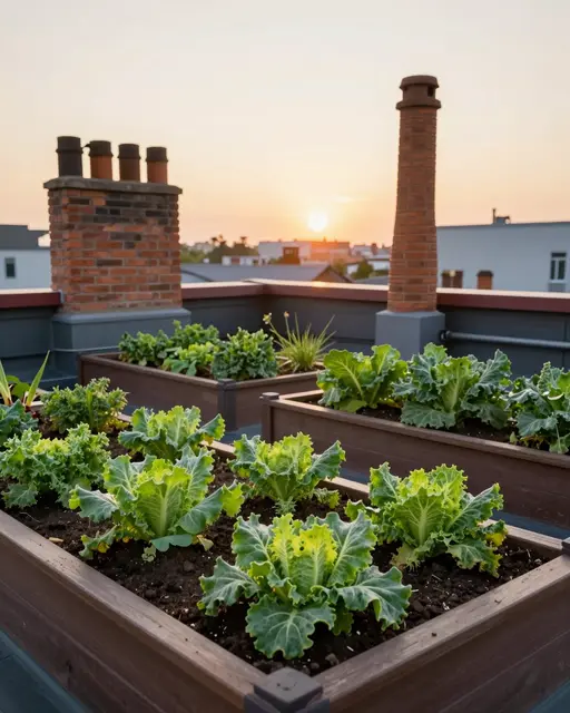 Wooden raised garden beds with leafy greens sit between brick chimneys on a rooftop at warm sunset
