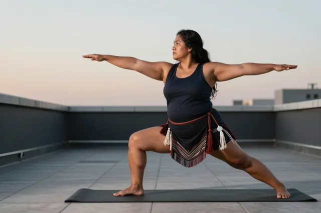 A plus-size Indigenous woman holds a warrior two yoga pose on a rooftop mat at dusk