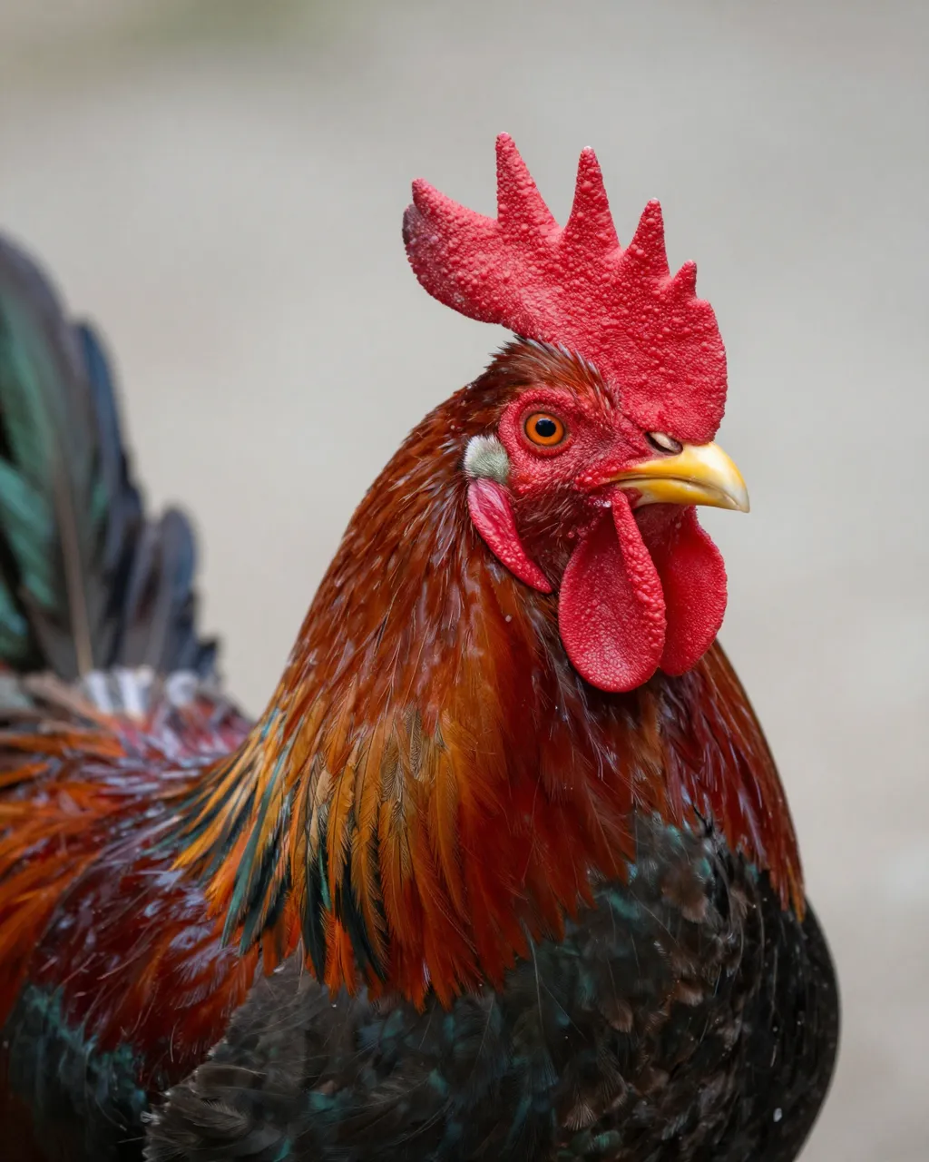 Close-up portrait of a rooster with a bright red comb and iridescent dark tail feathers against a soft blurred background.