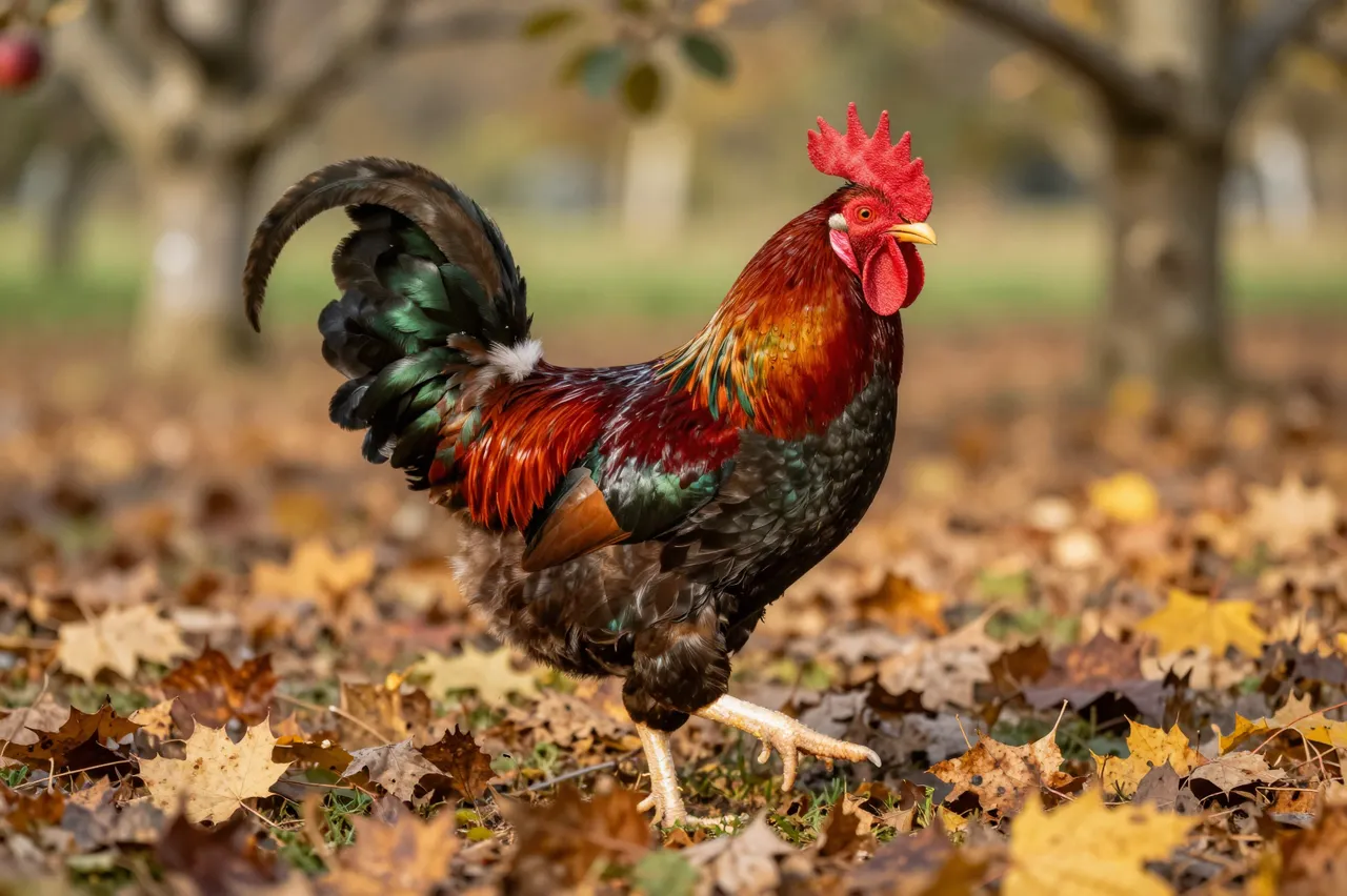 A vibrant rooster struts across fallen autumn leaves in a sunlit apple orchard