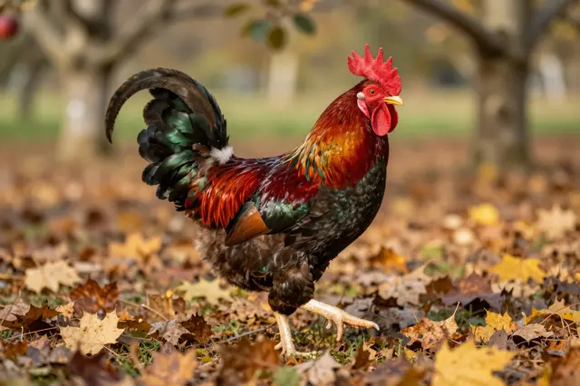 A vibrant rooster struts across fallen autumn leaves in a sunlit apple orchard