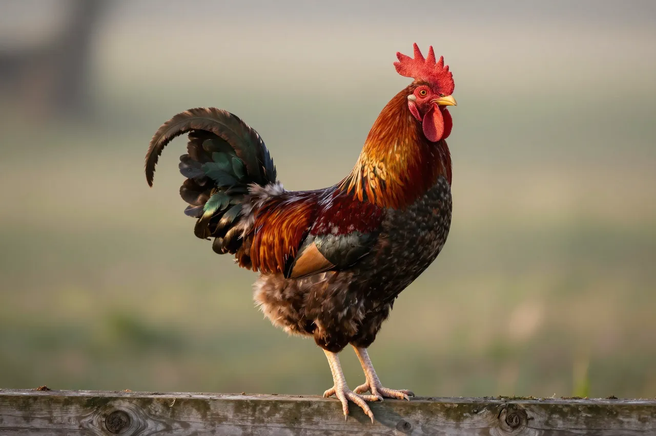A colorful iridescent rooster stands perched on a weathered wooden fence during soft golden sunrise.