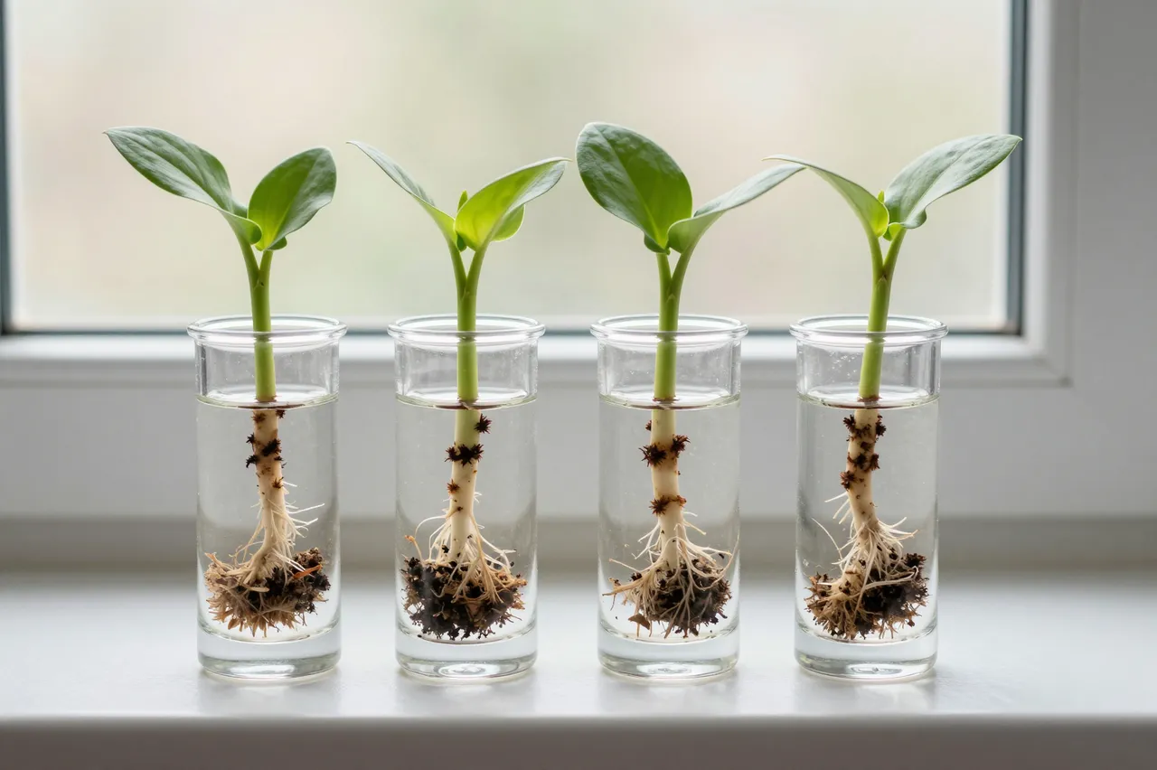 Four glass vases holding rooting plant cuttings in clear water sit in a neat row on a bright windowsill.