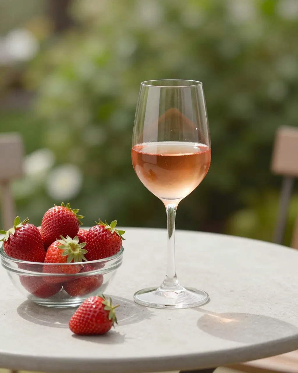 A glass of pale pink rosé beside a glass bowl of fresh strawberries on a sunny garden table