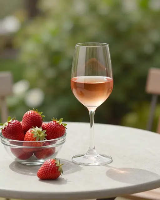 A glass of pale pink rosé beside a glass bowl of fresh strawberries on a sunny garden table