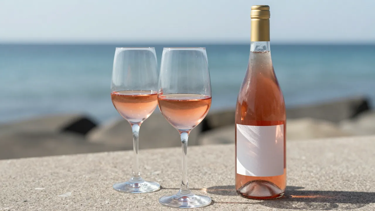 Two stemmed glasses of rosé and an unlabeled wine bottle sit on a stone ledge overlooking the calm sea