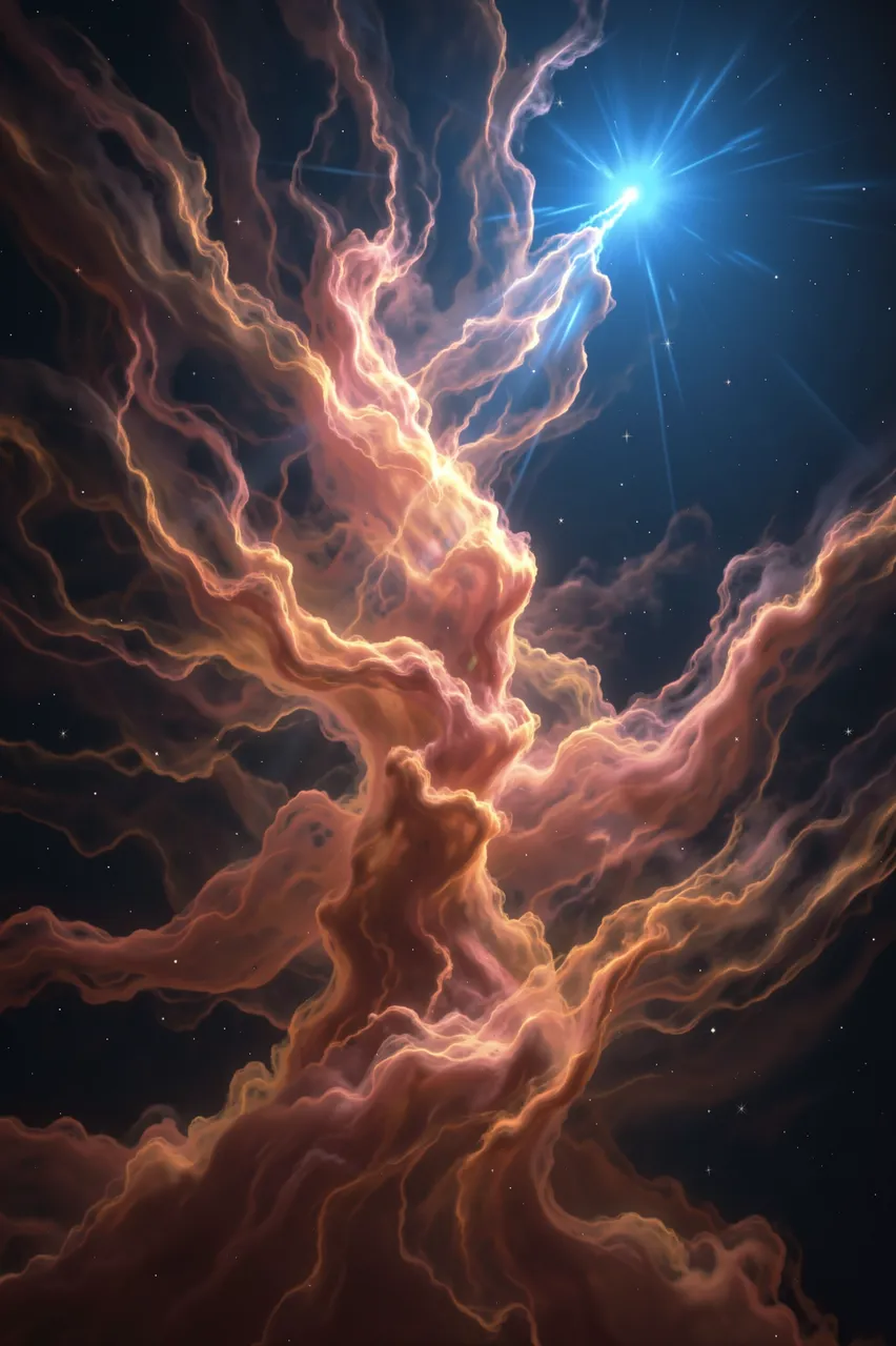 Swirling rose and amber nebula ribbons stretch toward a bright blazing blue star in deep space