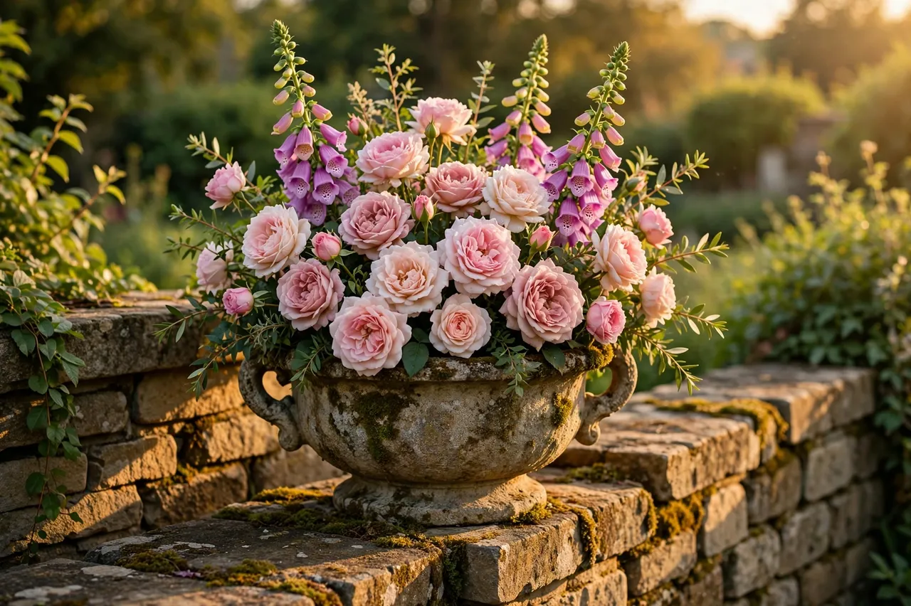 A weathered stone urn holding pink garden roses and purple foxgloves sits on a mossy garden wall at golden hour.