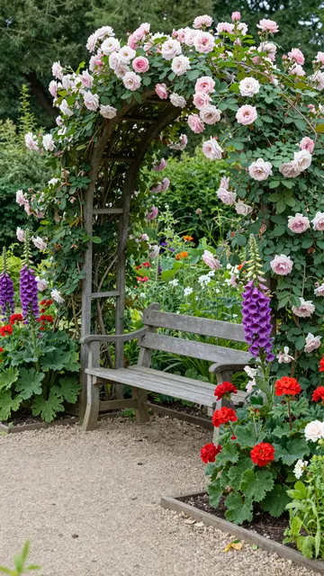 Weathered wooden bench sits under a climbing rose arch alongside a gravel garden path lined with foxgloves and geraniums.