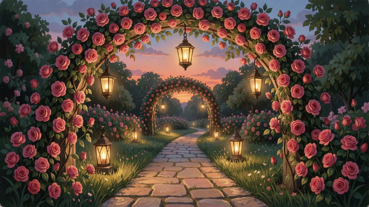 Lit lanterns hang from climbing rose arches lining a stone garden path at pastel sunset