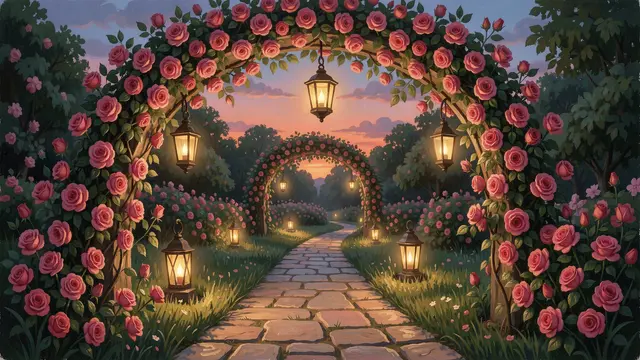 Lit lanterns hang from climbing rose arches lining a stone garden path at pastel sunset