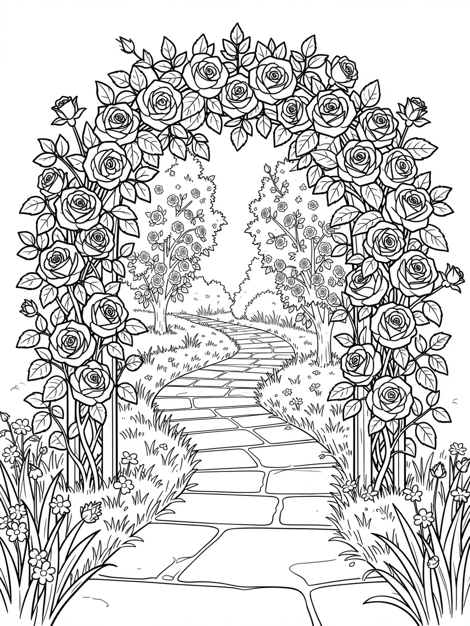 Black and white line art of a climbing rose arch framing a winding stone garden path