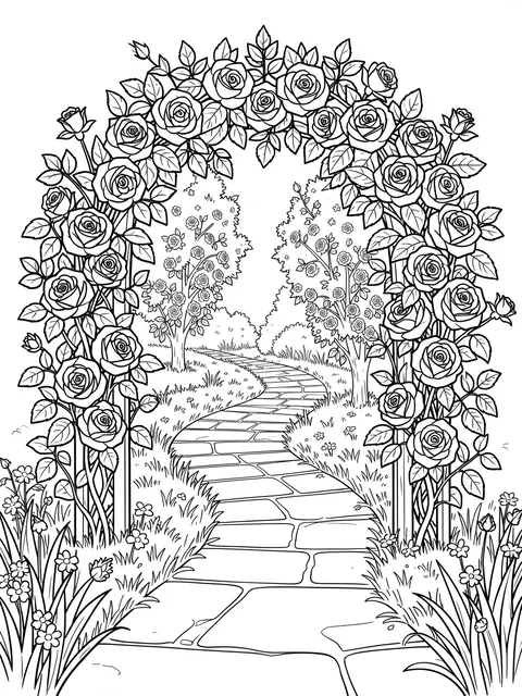 Black and white line art of a climbing rose arch framing a winding stone garden path