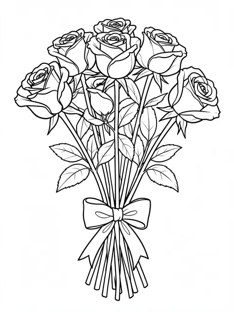 Black and white line art of a long-stemmed rose bouquet tied with a bow ribbon on a white background