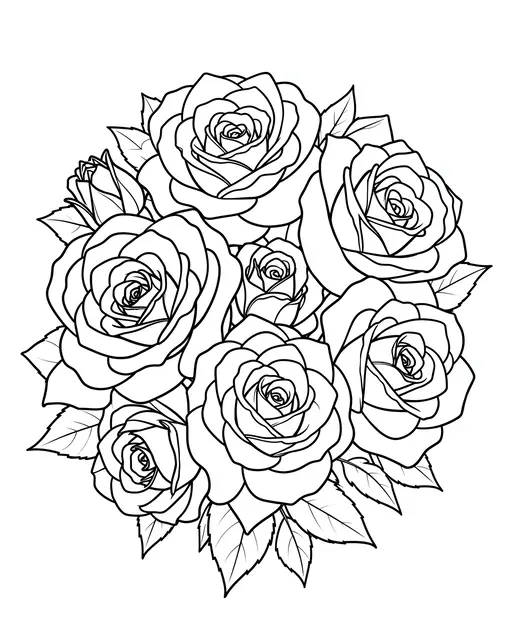Clean black line art of an intricate rose cluster with layered petals and leaves on a plain white background