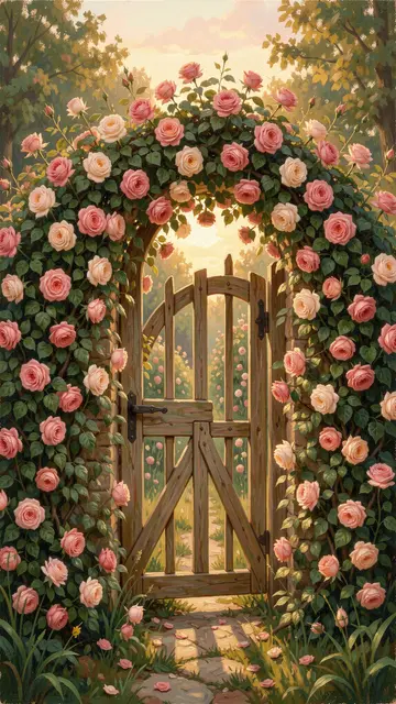 Wooden garden gate draped in climbing pink roses glows in soft golden dawn light