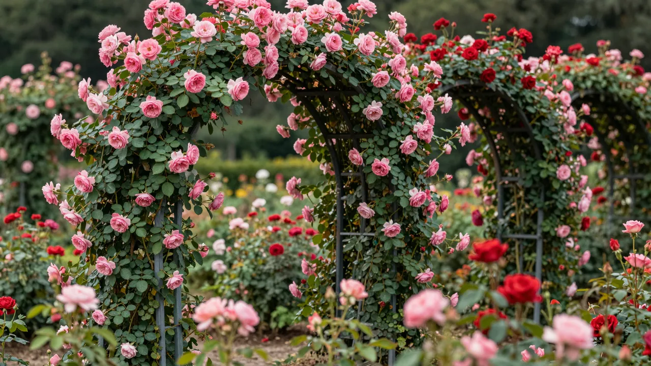 Climbing pink and red roses cover metal arches in a thriving sunlit rose garden