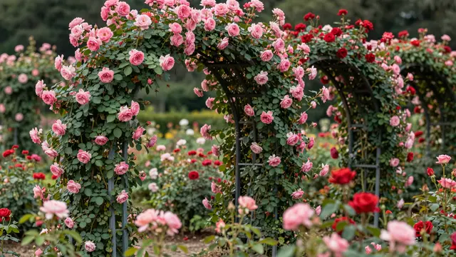 Climbing pink and red roses cover metal arches in a thriving sunlit rose garden