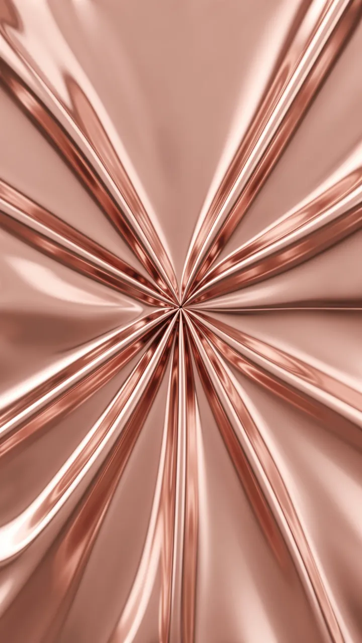 Glossy rose gold liquid metal forms radial folded creases on a soft blush background