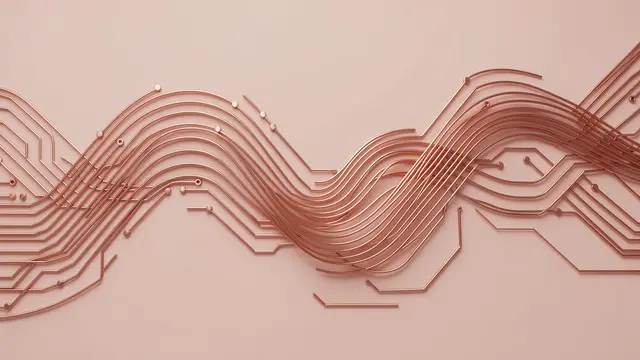 Flowing rose gold circuit board lines curve in soft waves across a matte blush pink background