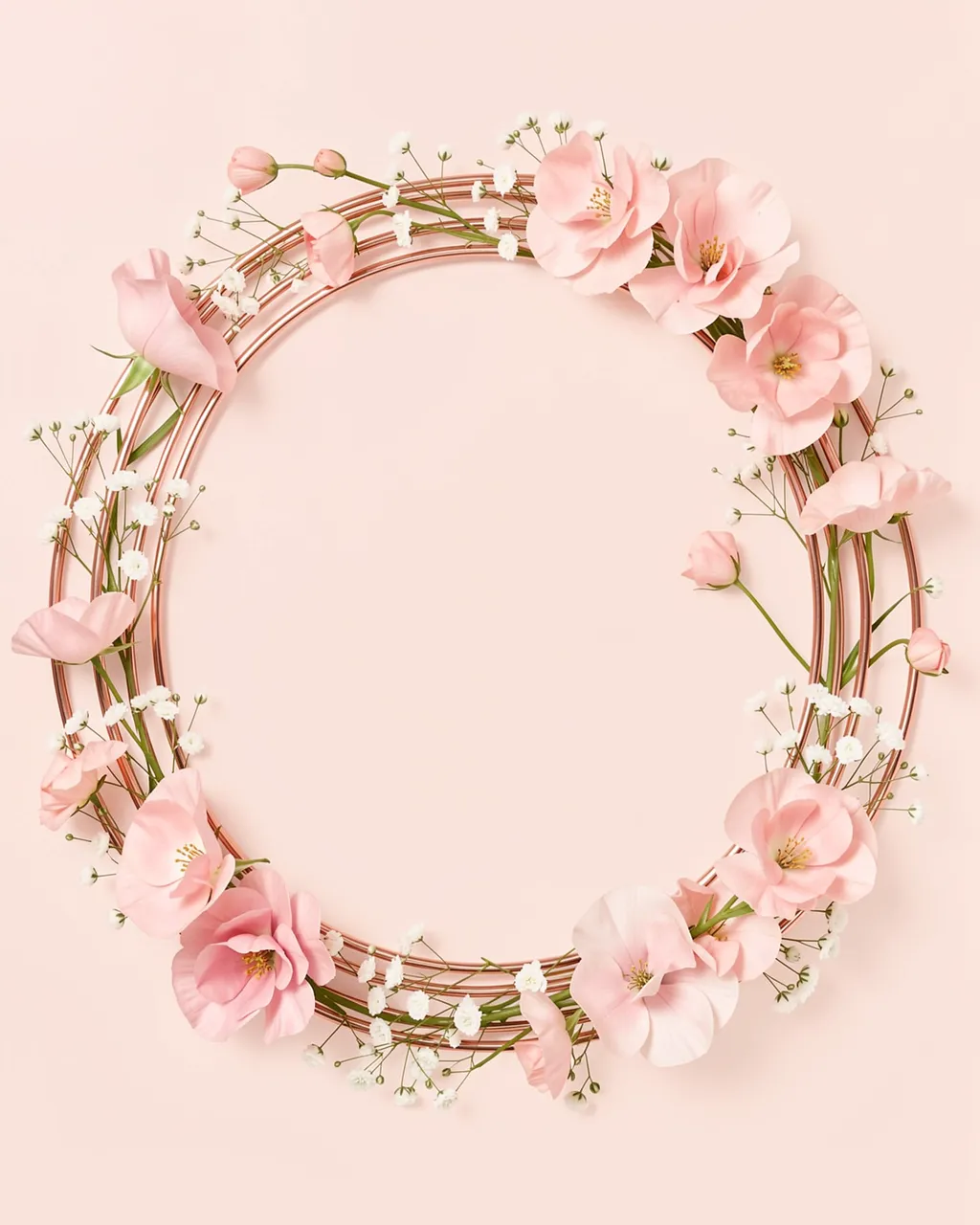 An empty rose gold circular frame decorated with pale pink flowers and white gypsophila on a solid blush pink background