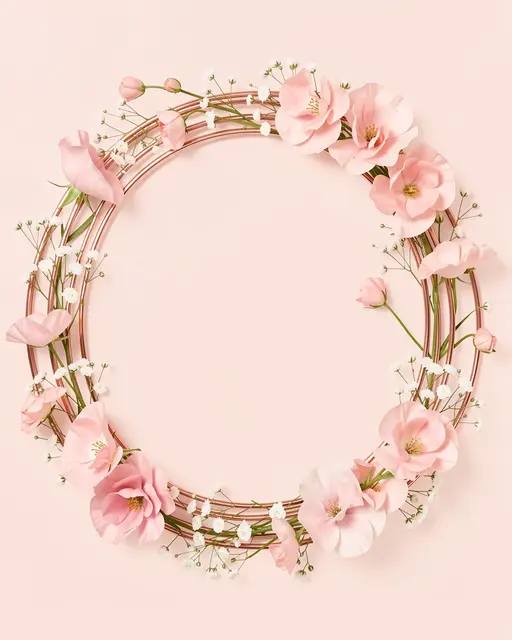 An empty rose gold circular frame decorated with pale pink flowers and white gypsophila on a solid blush pink background