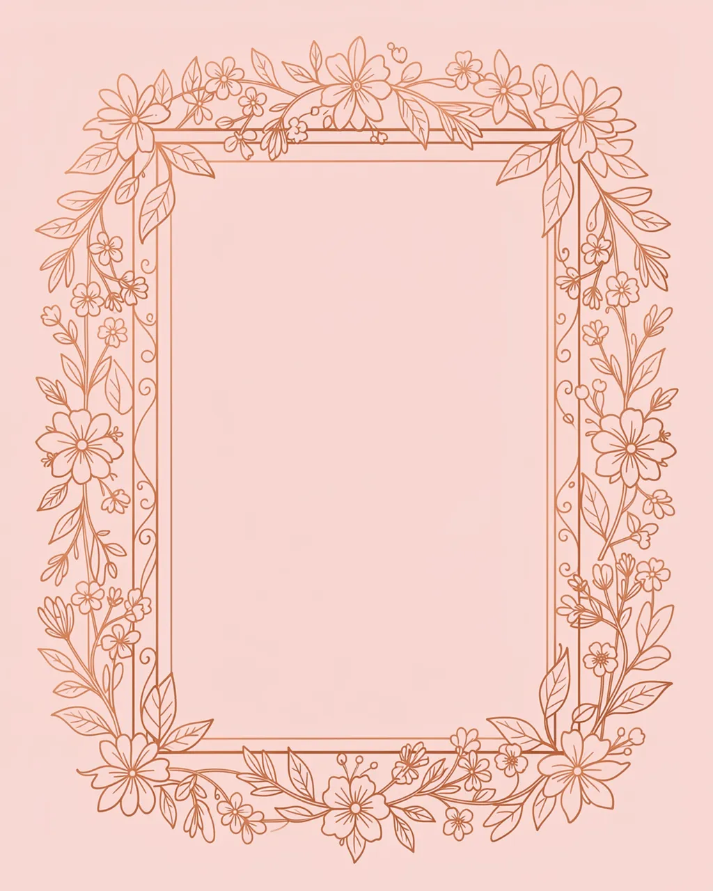 A thin rose gold line art floral frame with an empty center sits on a blush pink background