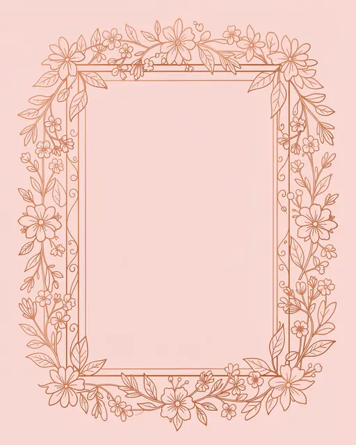 A thin rose gold line art floral frame with an empty center sits on a blush pink background