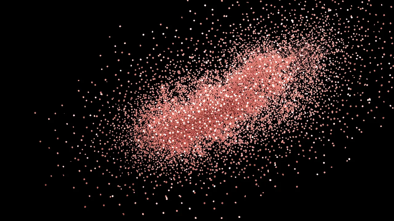 Scattered uneven rose gold glitter particles float across a solid pure black background