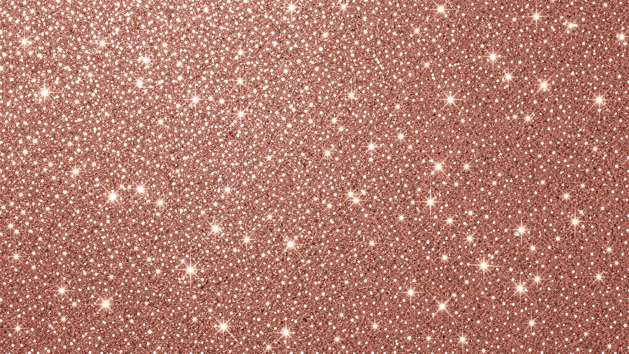 A seamless rose gold glitter surface scattered with bright glowing star-shaped sparkles.