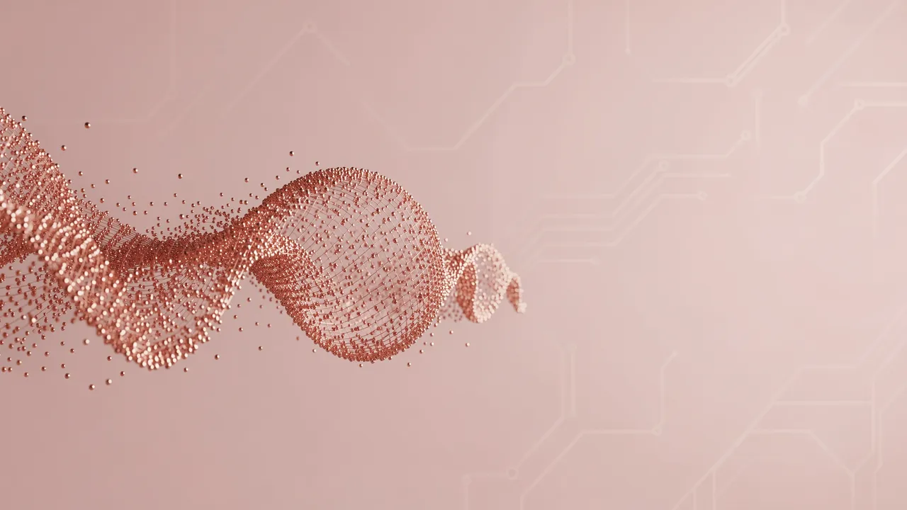 A wavy rose gold particle structure drifts across a soft blush circuit background with empty copy space on the right