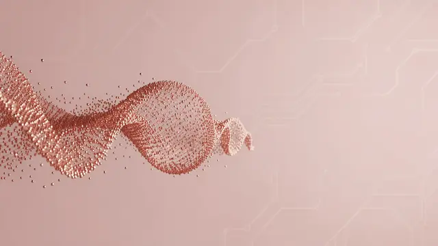 A wavy rose gold particle structure drifts across a soft blush circuit background with empty copy space on the right