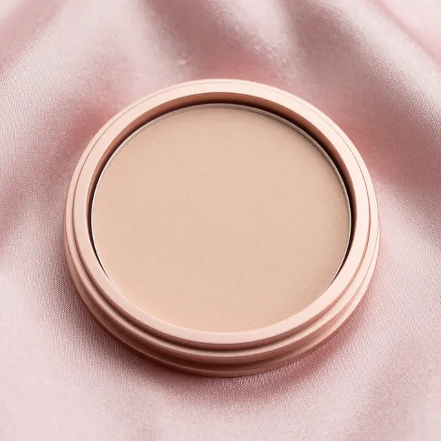 Rose gold round pressed powder compact rests on soft folded pink silk fabric