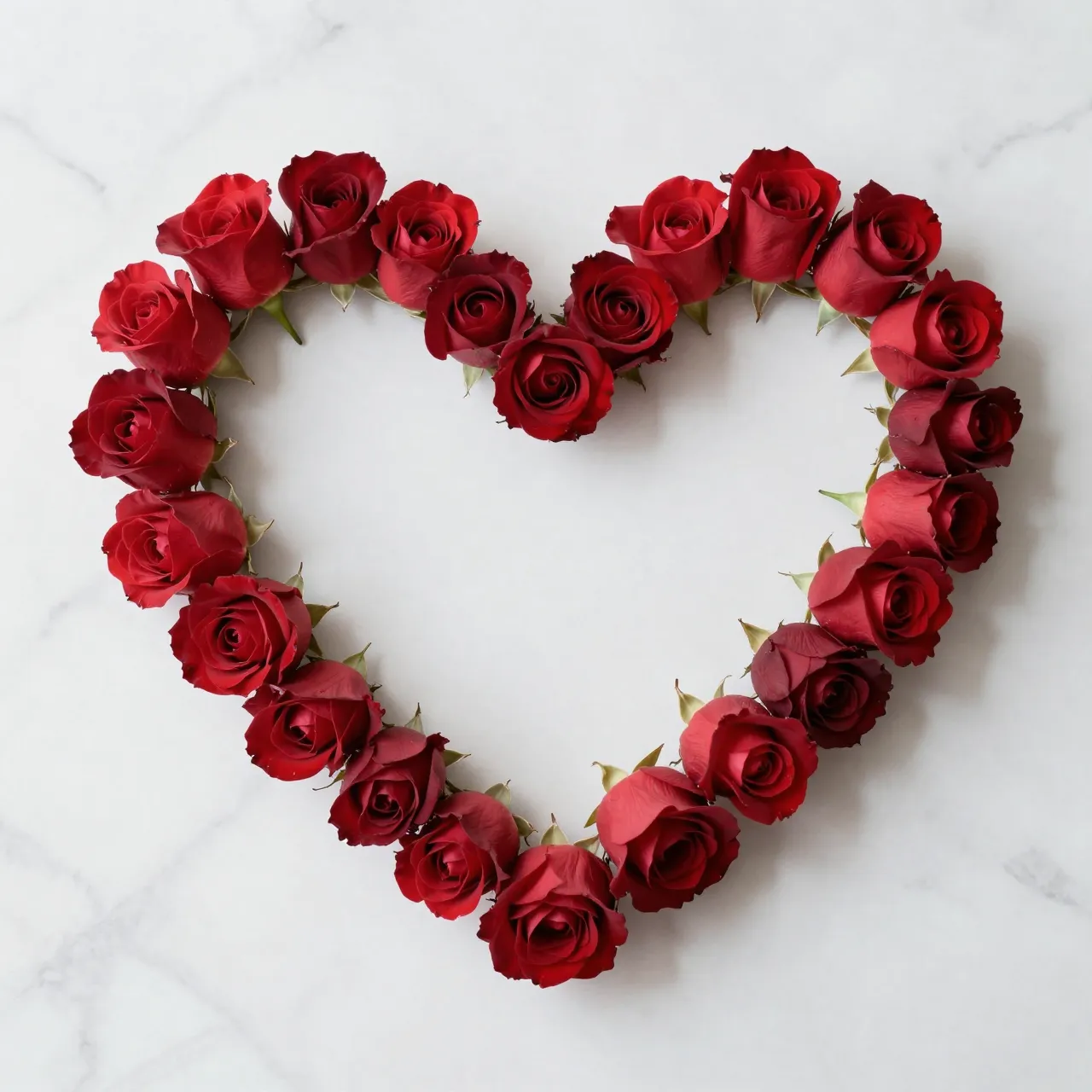 A top view of a heart shape made from fresh red rose heads resting on white marble