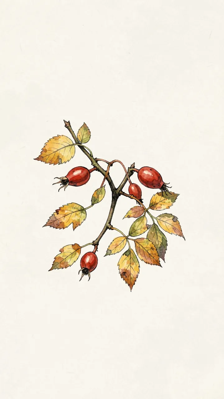 Watercolor illustration of a rose hip branch with yellowing autumn leaves on a pale off-white background