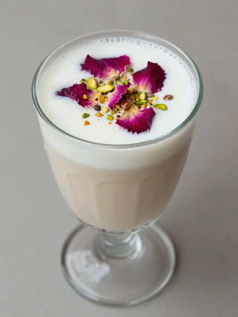 A glass of rose lassi topped with dried rose petals and chopped pistachios on a neutral gray surface