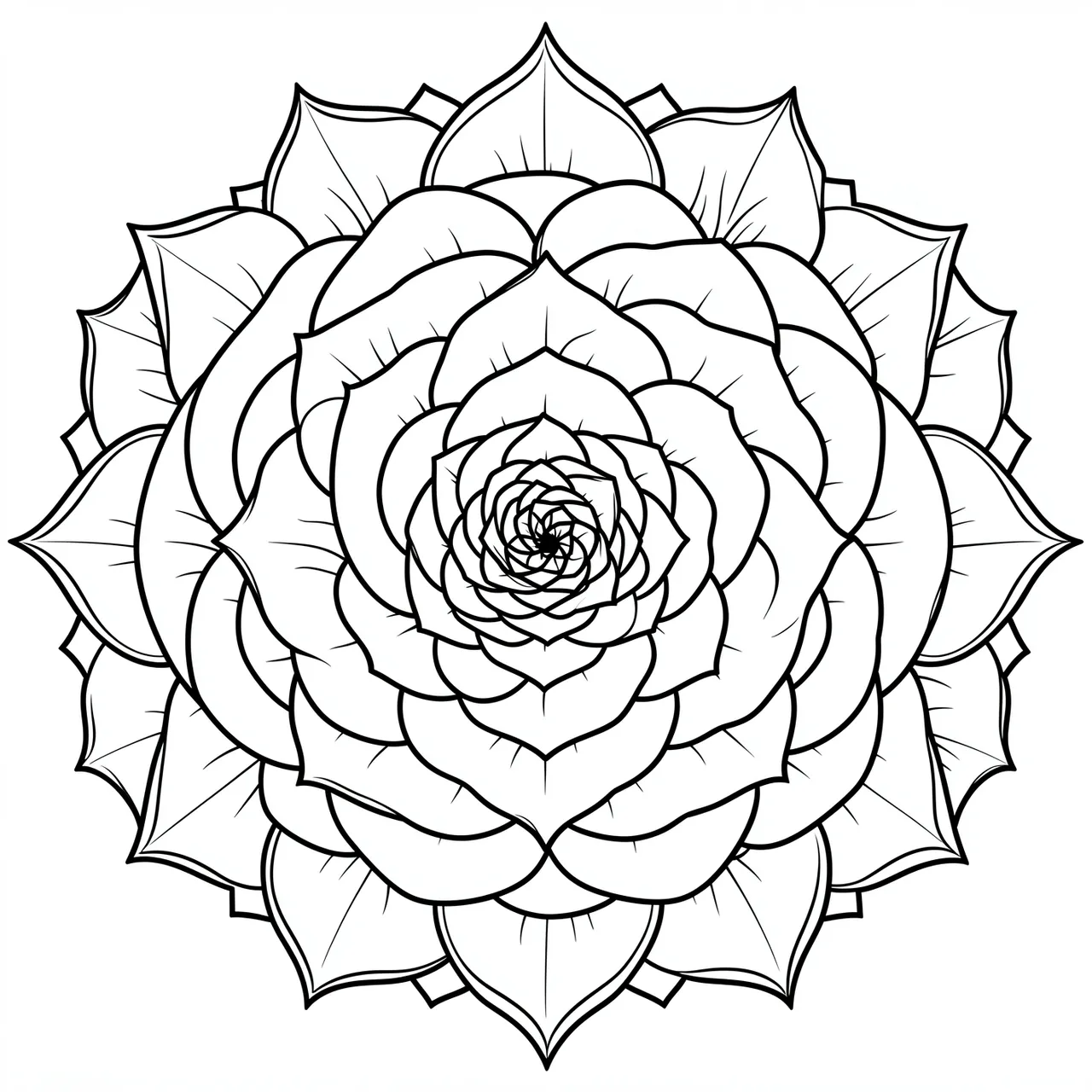 Intricate black and white line art rose mandala with layered petals on a plain white background
