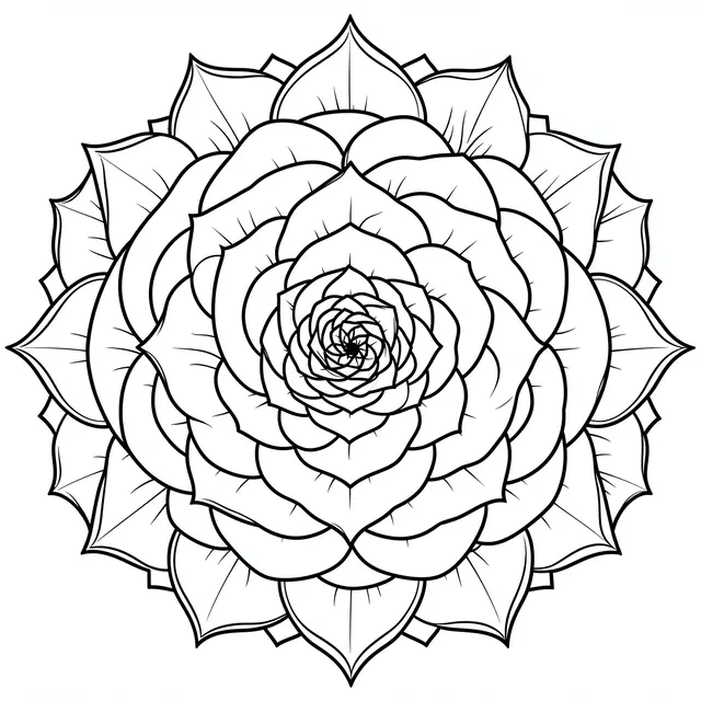 Intricate black and white line art rose mandala with layered petals on a plain white background