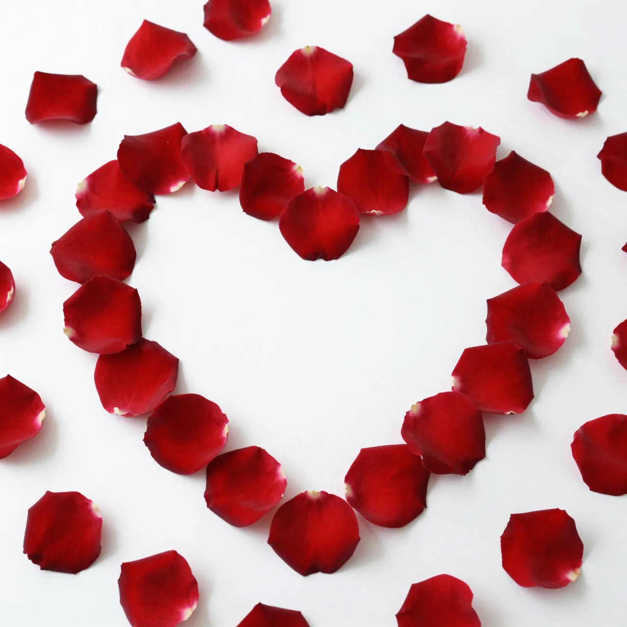 Top view of red rose petals arranged into a heart shape on a plain white surface